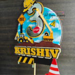 Personalized construction theme birthday cake topper with crane, excavator, hard hat, name, and age