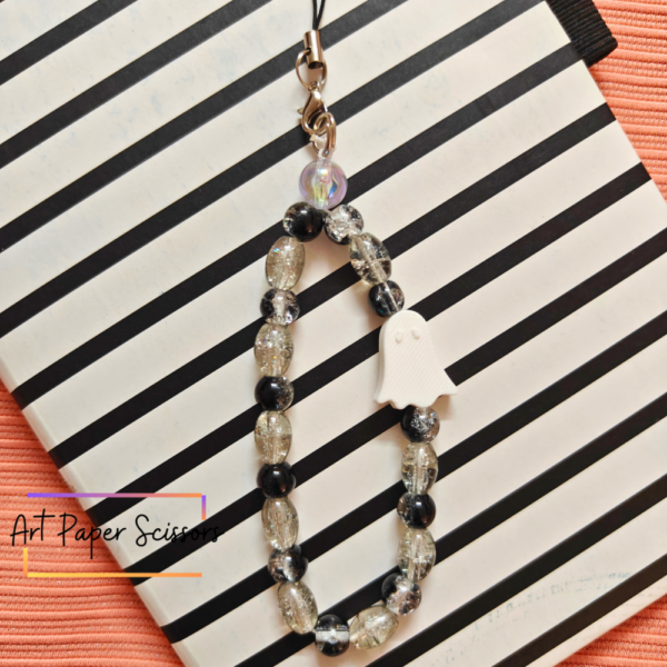 Smoky Black Bead Chain Charm – Minimal Ghost Phone Strap