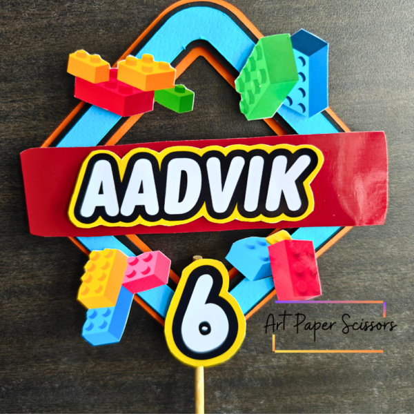 Lego Theme Cake Topper with Name – 6th Birthday