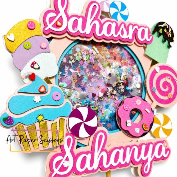 Candy Theme Custom Name Cake Topper with Shaker | Personalized Birthday Cake Decoration