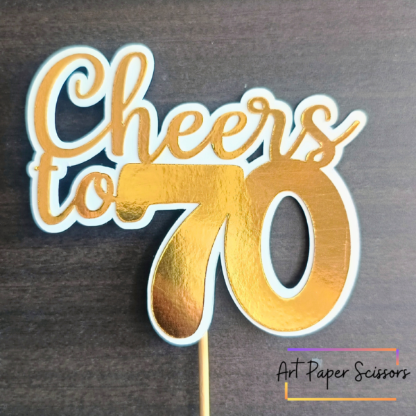 Cheers to 70 Cake Topper – Gold 70th Birthday Party Cake Decoration | Seventieth Birthday Topper