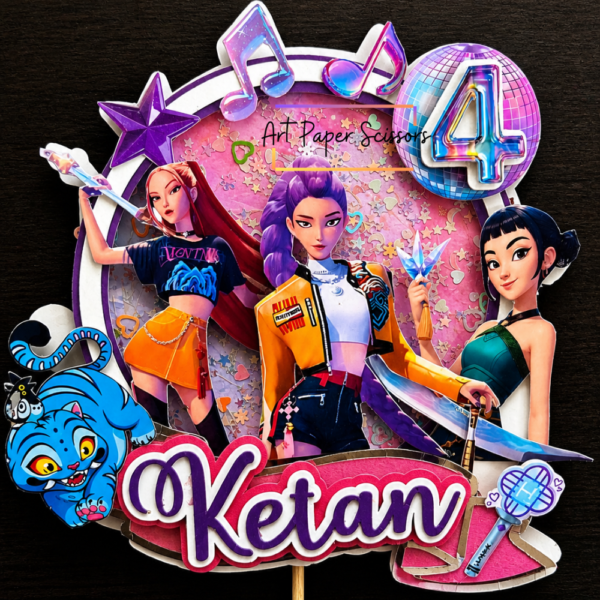 Custom Kpop Demon Hunter Theme Cake Topper with Name & Age | Personalized Kids Birthday Cake Decoration