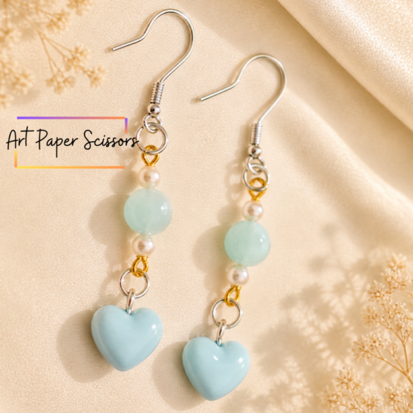 Blue Heart Bead Drop Earrings – Aesthetic Pearl & Glossy Heart Dangle Earrings for Women