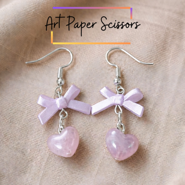 Cute Purple Heart Bow Earrings – Kawaii Dangle Earrings for Girls | Aesthetic Gift Jewelry