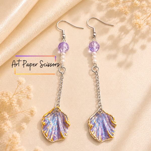 Iridescent Shell Drop Earrings – Purple Pearl Chain Dangle Earrings for Women | Elegant Statement Jewelry
