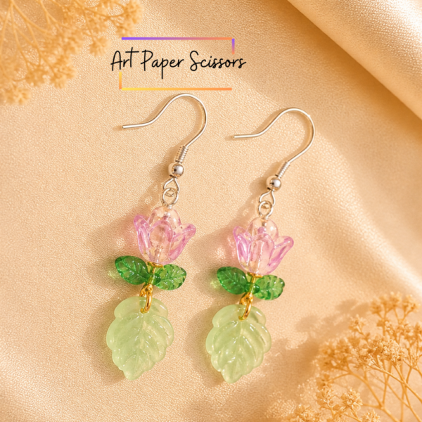 Pink Flower Leaf Drop Earrings – Cute Floral Acrylic Dangle Earrings for Girls | Aesthetic Nature Jewelry