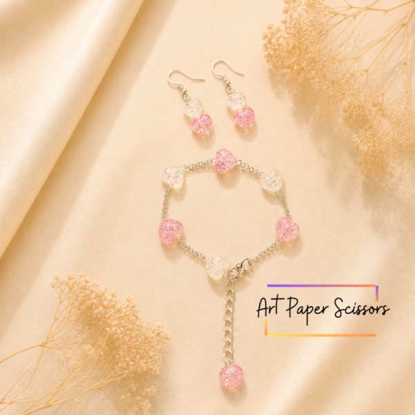 Pink Heart Jewelry Set – Cute Matching Earrings & Bracelet Set for Girls | Aesthetic Gift Combo