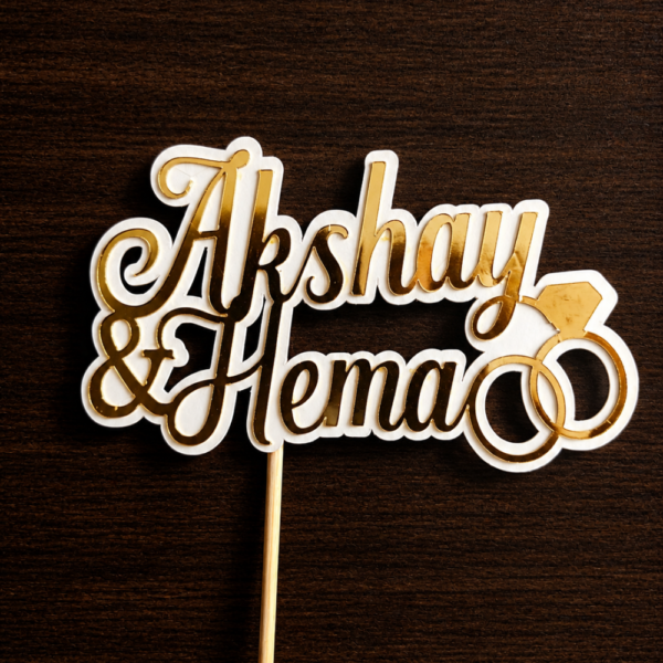 Personalized Couple Name Cake Topper with Rings | Custom Wedding & Engagement Cake Decoration