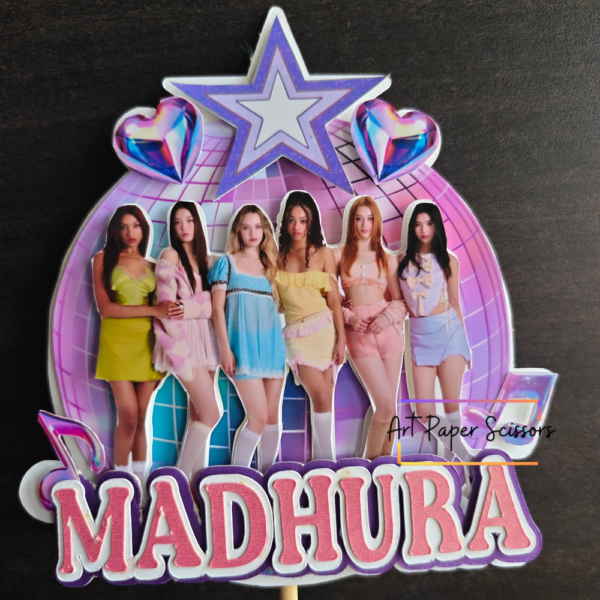 Personalized KATSEYE birthday cake topper with custom name, disco ball background, hearts, and star decorations