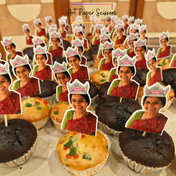 Personalized retirement photo cupcake toppers with custom photo and Retirement Queen crown for party cupcakes