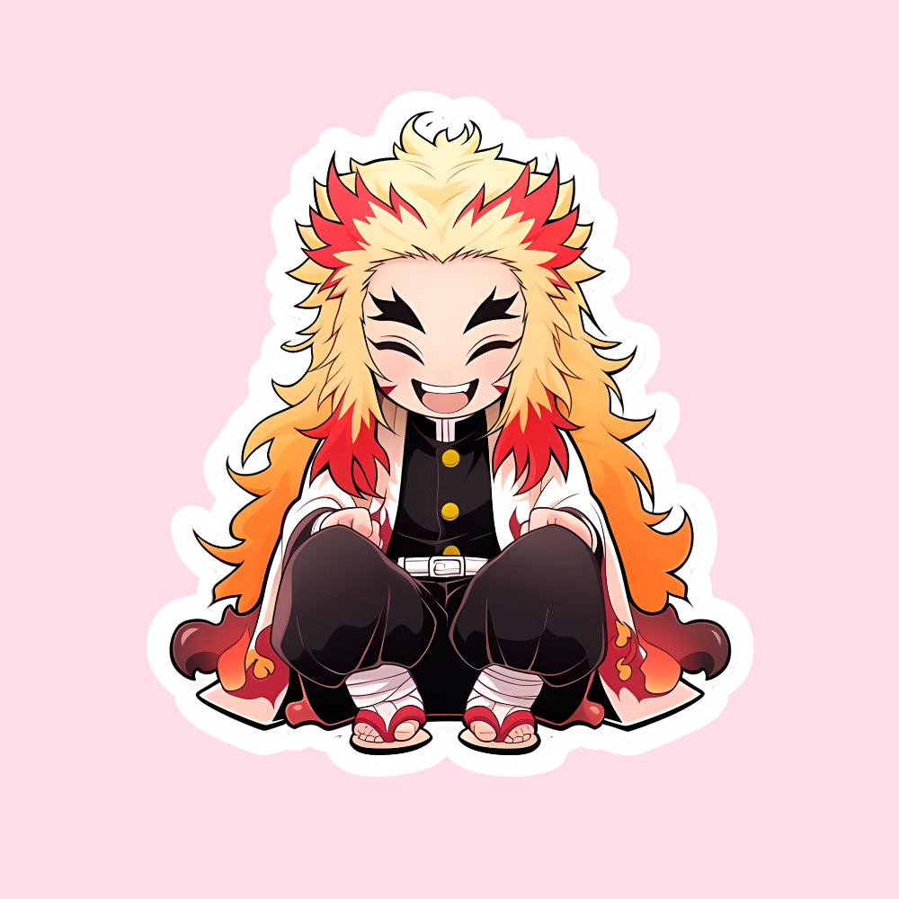 17 Cute Kyojuro Rengoku Sticker from Demon Slayer anime sitting and smiling