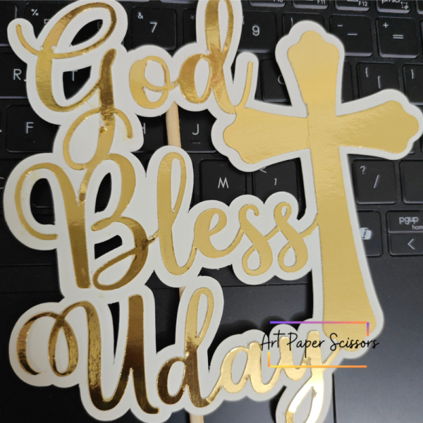 Personalized Christian Cross cake topper with gold cross and custom names in gold mirror finish