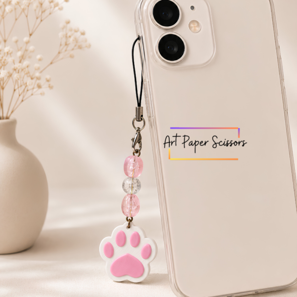 Pink Paw Mobile Charm with pastel pink beads and dog paw phone strap