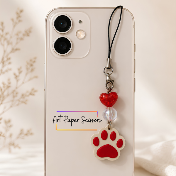 Paw Mobile Charm with cute dog paw pendant and heart bead phone strap