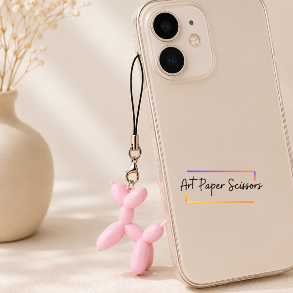 Pink Balloon Dog Mobile Charm with glossy puppy phone strap