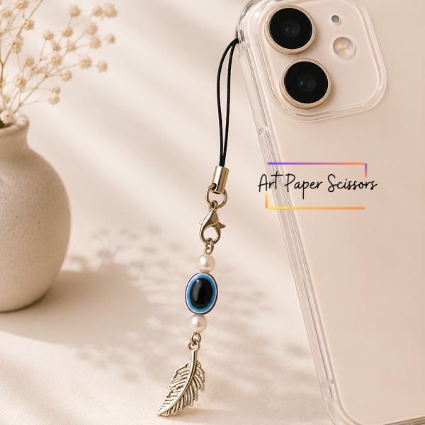 Evil Eye Mobile Charm | Blue Nazar Phone Charm Strap with Crystal Leaf Pendant