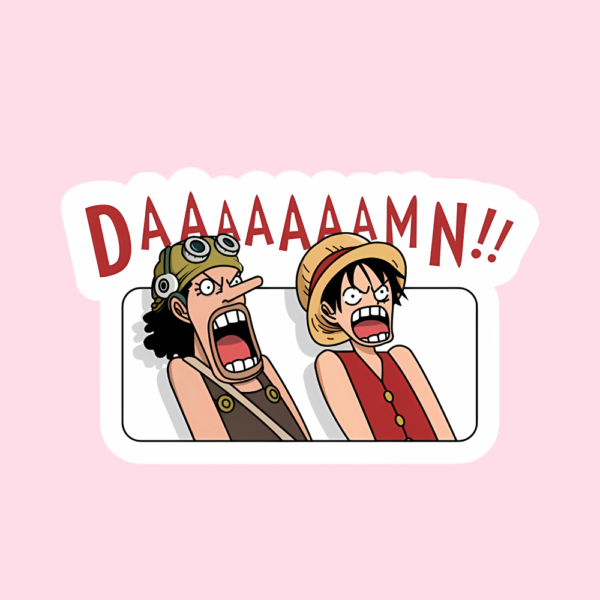 One Piece Sticker featuring Monkey D. Luffy and Usopp funny shocked reaction anime vinyl decal