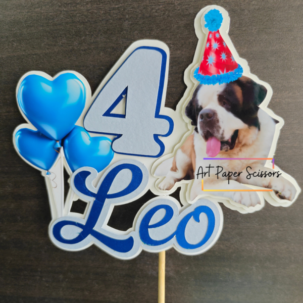 Personalized Saint Bernard dog birthday cake topper with custom pet photo, blue balloons, name, and age