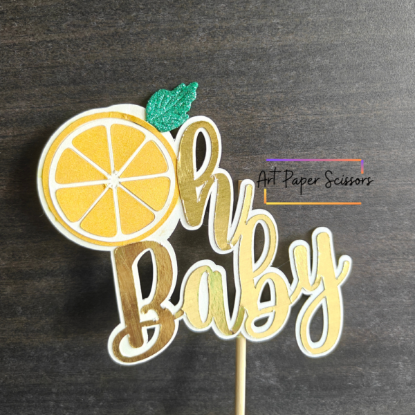 Oh Baby cake topper with citrus orange slice design in gold mirror cardstock for baby shower cake decoration