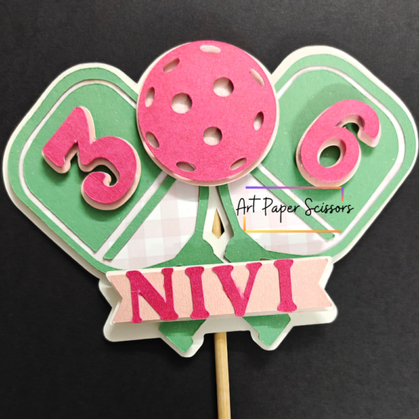 Personalized Pickleball birthday cake topper with pickleball paddle, ball, custom name and age 15