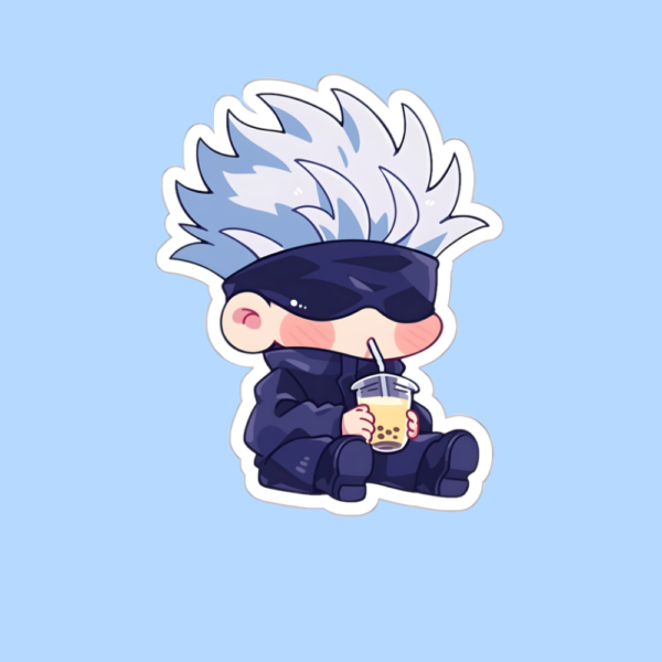 Chibi Gojo Bubble Tea Waterproof Vinyl Sticker for Laptop, Phone, Water Bottle and Journal