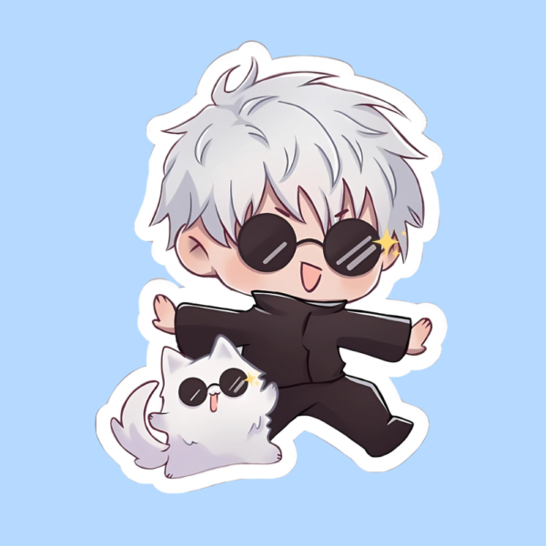 Chibi Gojo Satoru with cat Jujutsu Kaisen waterproof vinyl anime sticker