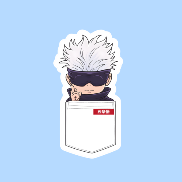 Chibi Gojo Satoru popping out of pocket Jujutsu Kaisen waterproof vinyl anime sticker